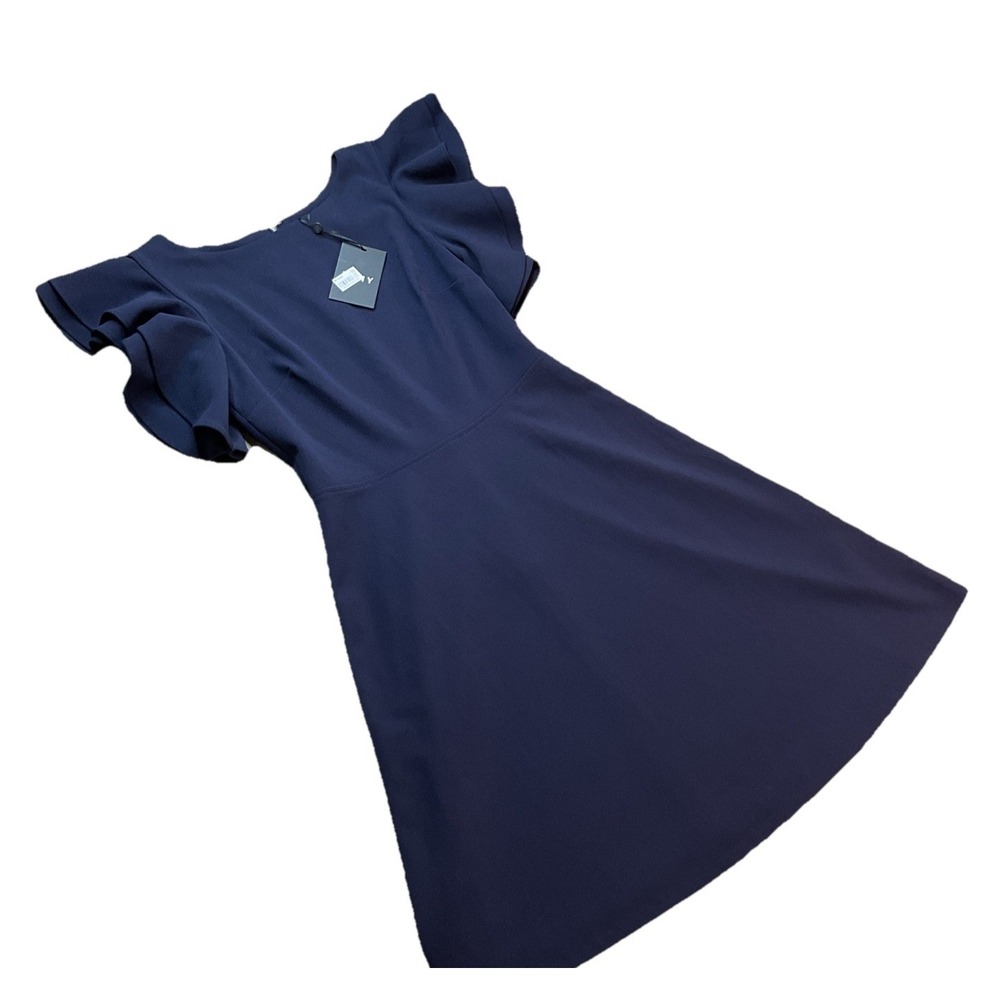 DKNY Womens Sheath Dress Short Flutter Sleeve Navy Blue Stretch Career Work 2